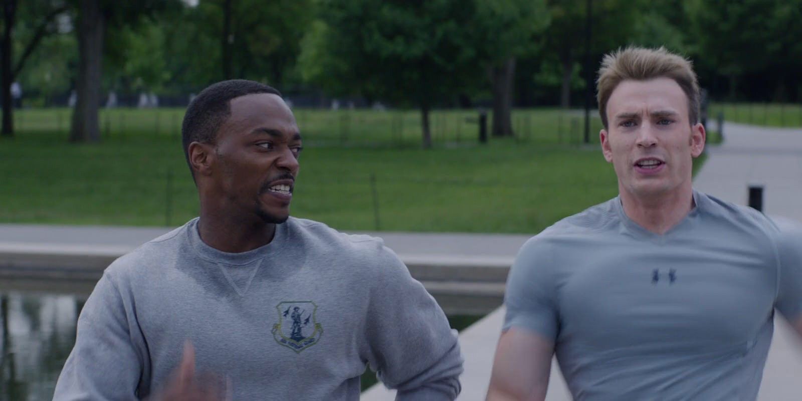 Anthony Mackie as Sam Wilson Falcon and Chris Evans as Steve Rogers Captain America in Winter Soldier
