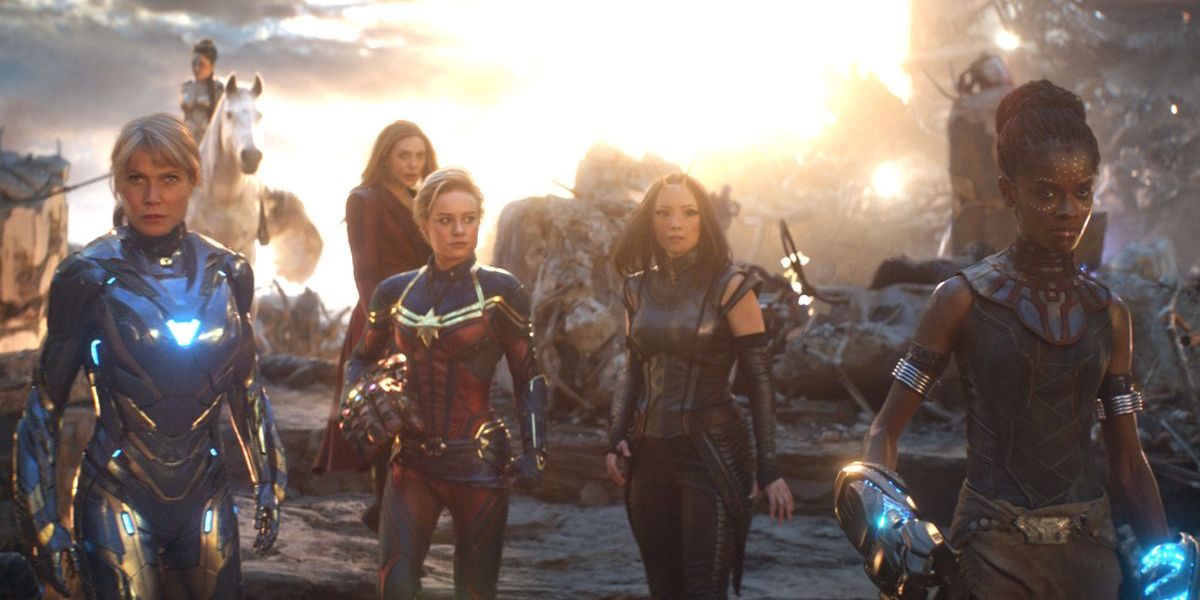 All female superhero lineup including Wasp, Okoye, Valkyrie, Scarlet Witch, Pepper Potts, and Mantis in Avengers: Endgame
