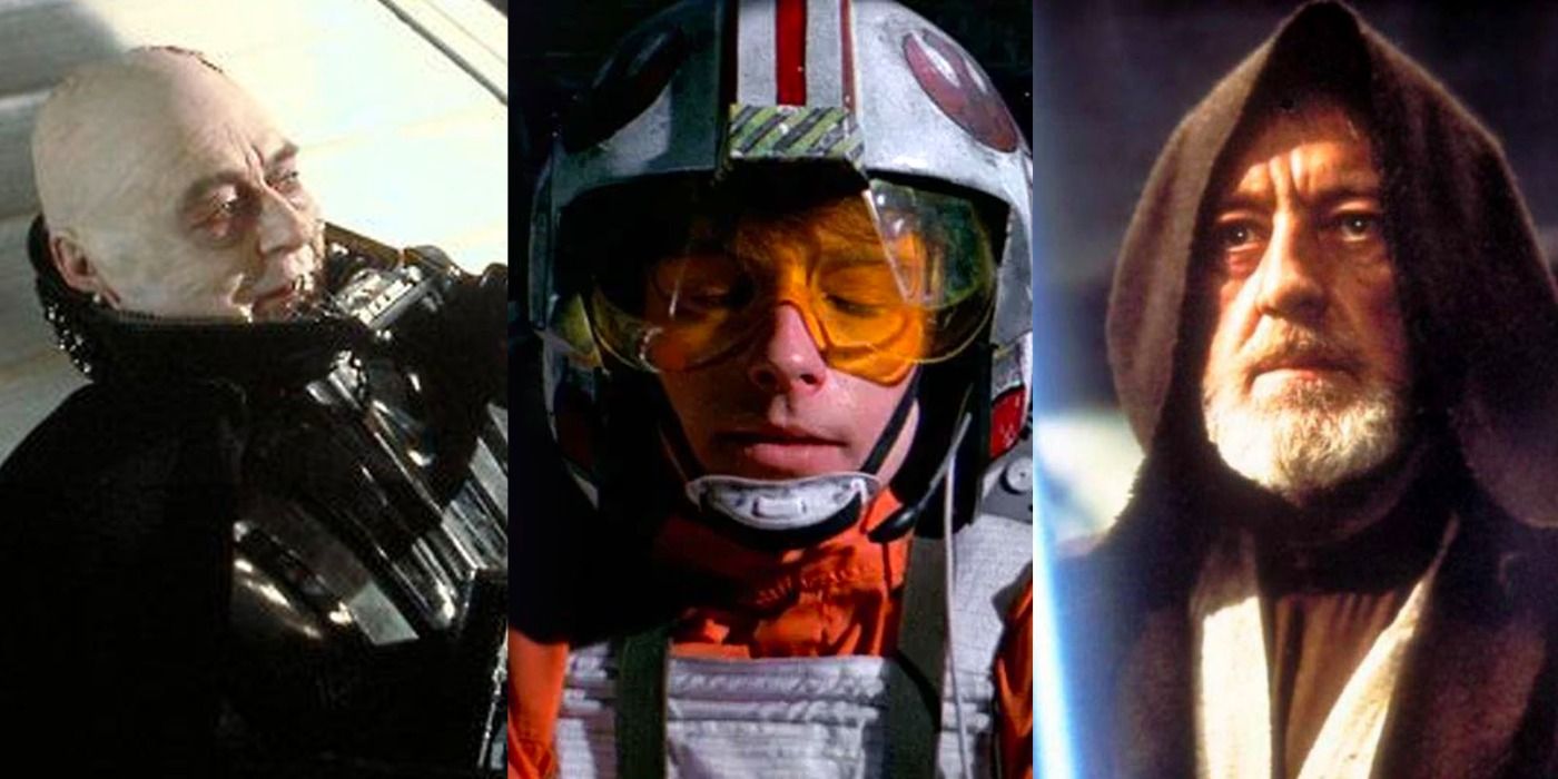 A collage of a dying Vader, Luke in his X-Wing and Ob-Wan from Star Wars