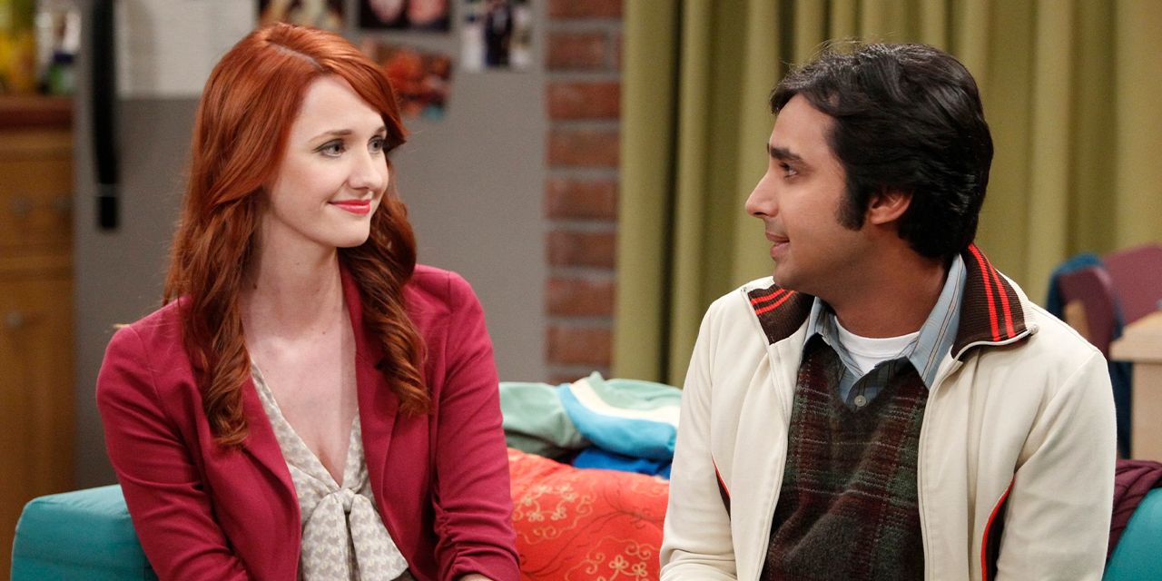 Emily sitting next to Raj in The Big Bang Theory
