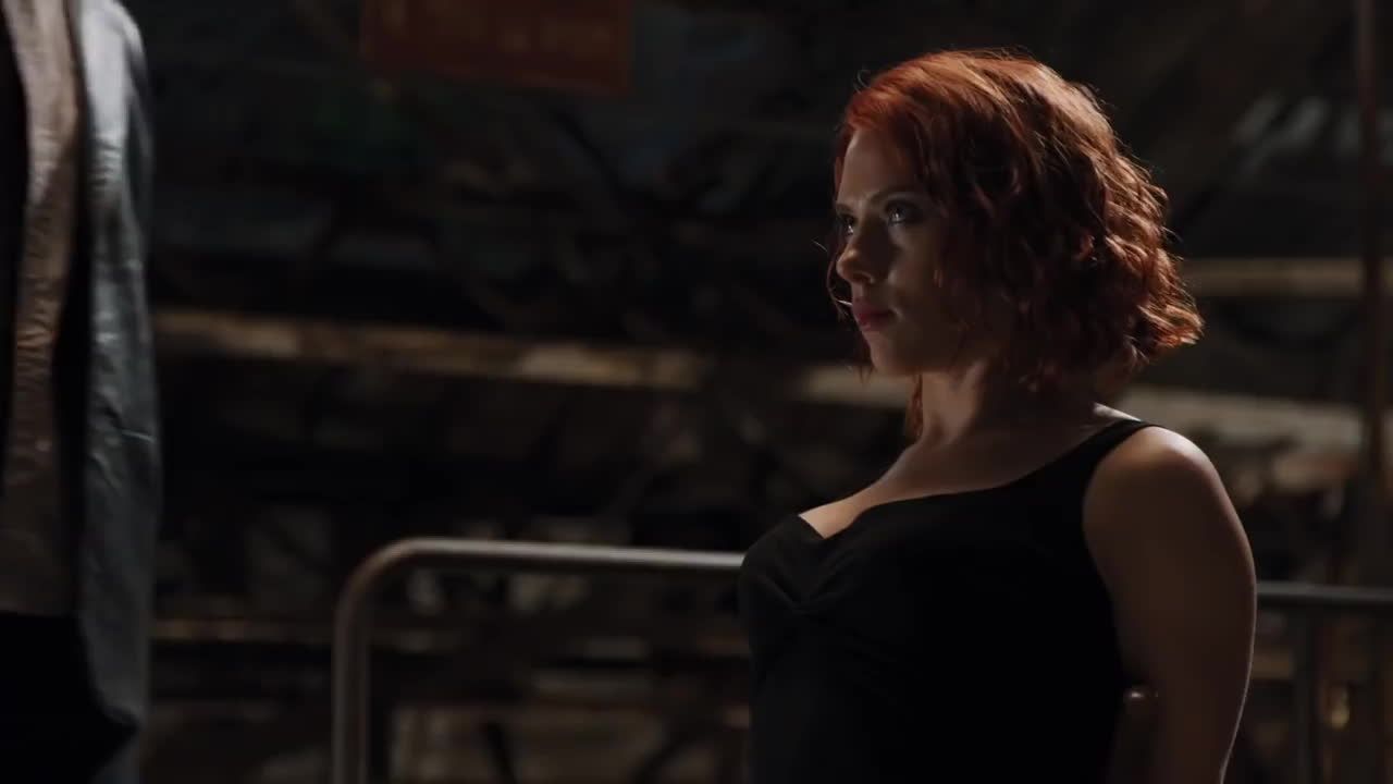 Black Widow in The Avengers chair scene