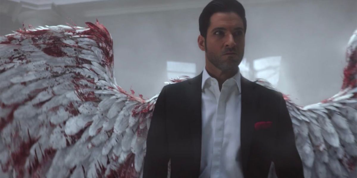 Lucifer standing angrily with bloodied wings in the Netflix series Lucifer