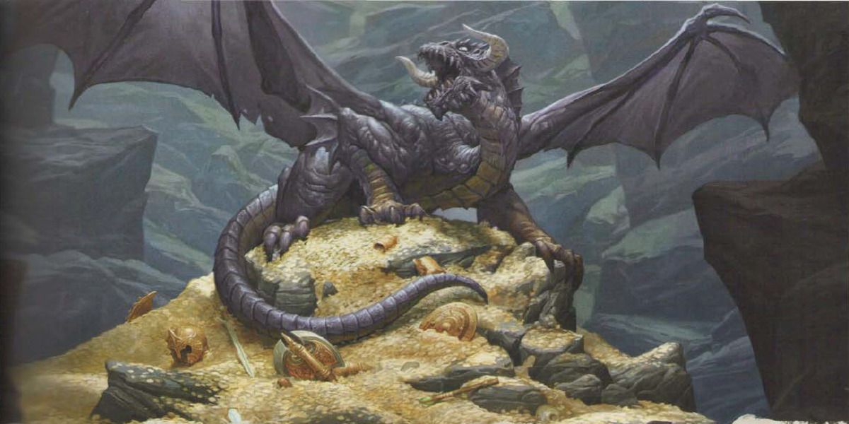 an illustration of Capnolithyl, a dragon from D&D lore, sitting on a mountain of treasure and roaring