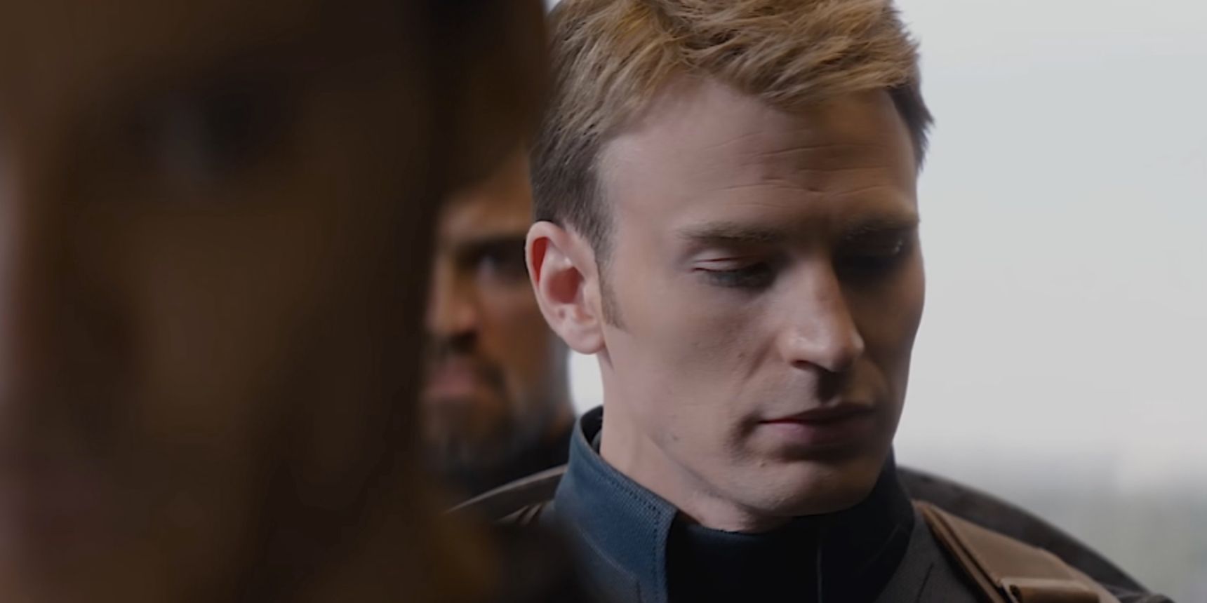 Steve Rogers (Chris Evans) in elevator with Hydra agents Captain America The Winter Soldier 