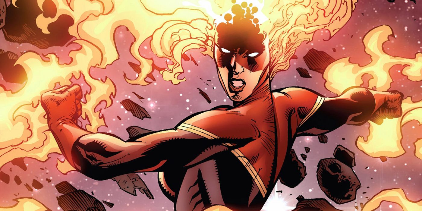 Capitã Marvel como binária com fogo girando ao seu redor em uma história em quadrinhos da Marvel.