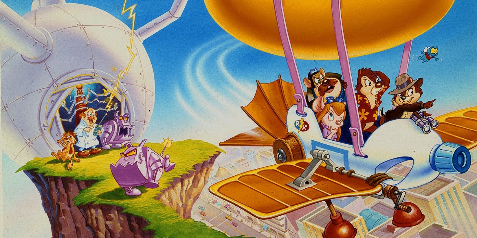 The main characters from Chip N' Dale Rescue Rangers in a plane