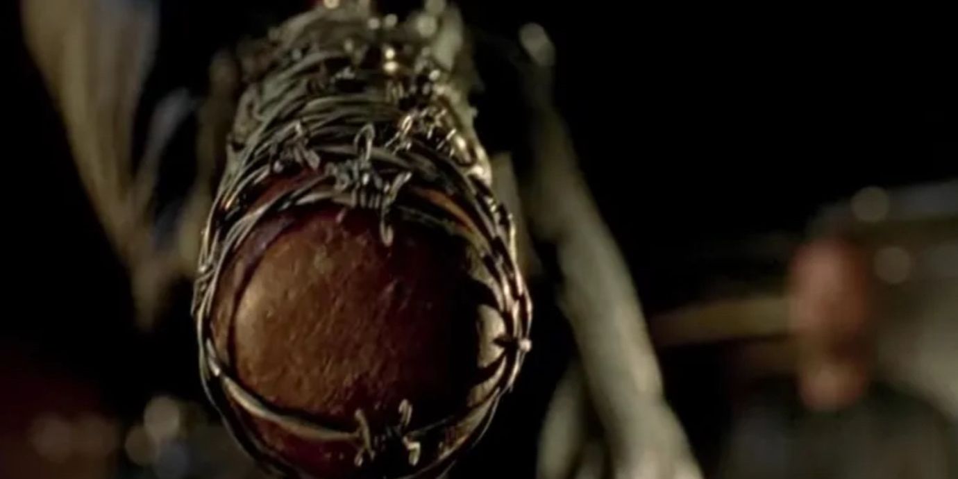 Close up of the end of Negan&rsquo;s baseball bat in The Walking Dead