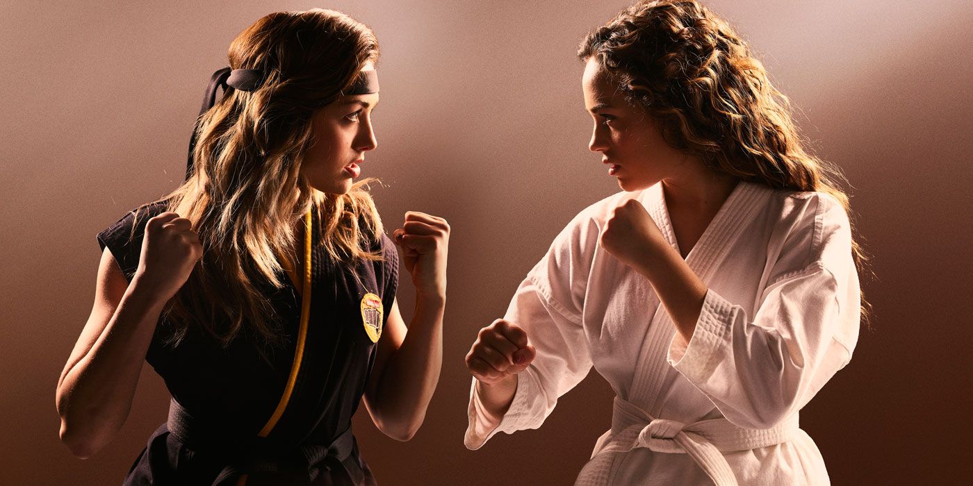 A promotional image for Cobra Kai features Tory and Sam facing off