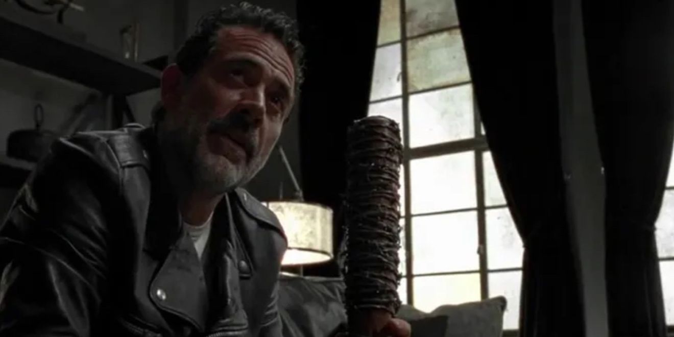 Close up of Negan and his baseball bat in The Walking Dead