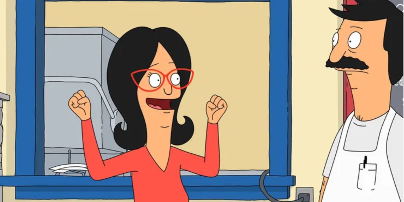 Linda with her arms up, looking happily at Bob in Bob&rsquo;s Burgers