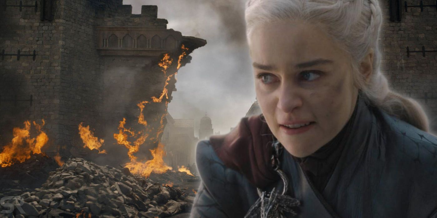 Collage of King's Landing burning and an angry Daenerys Targaryen