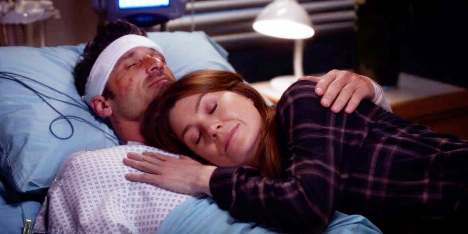 Meredith lying with Derek in the hospital on Grey's Anatomy