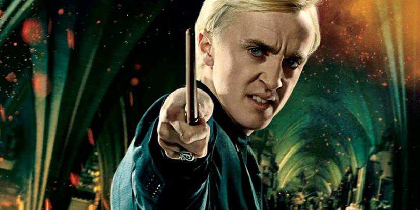 Draco Malfoy pointing his wand in a cropped Harry Potter poster