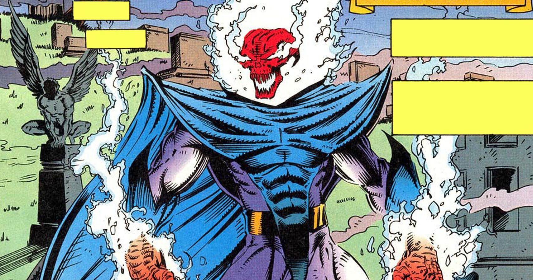 Zarathos from the comics with fiery red skull and smoke coming from hands and head.