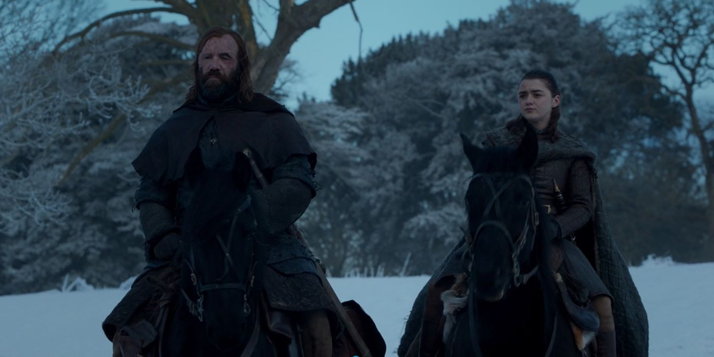 Arya and The Hound on horseback in Game of Thrones