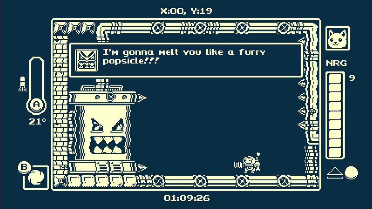 A cat in a mech suit aiming at a giant furnace in the pixelated 2D video game, Gato Roboto