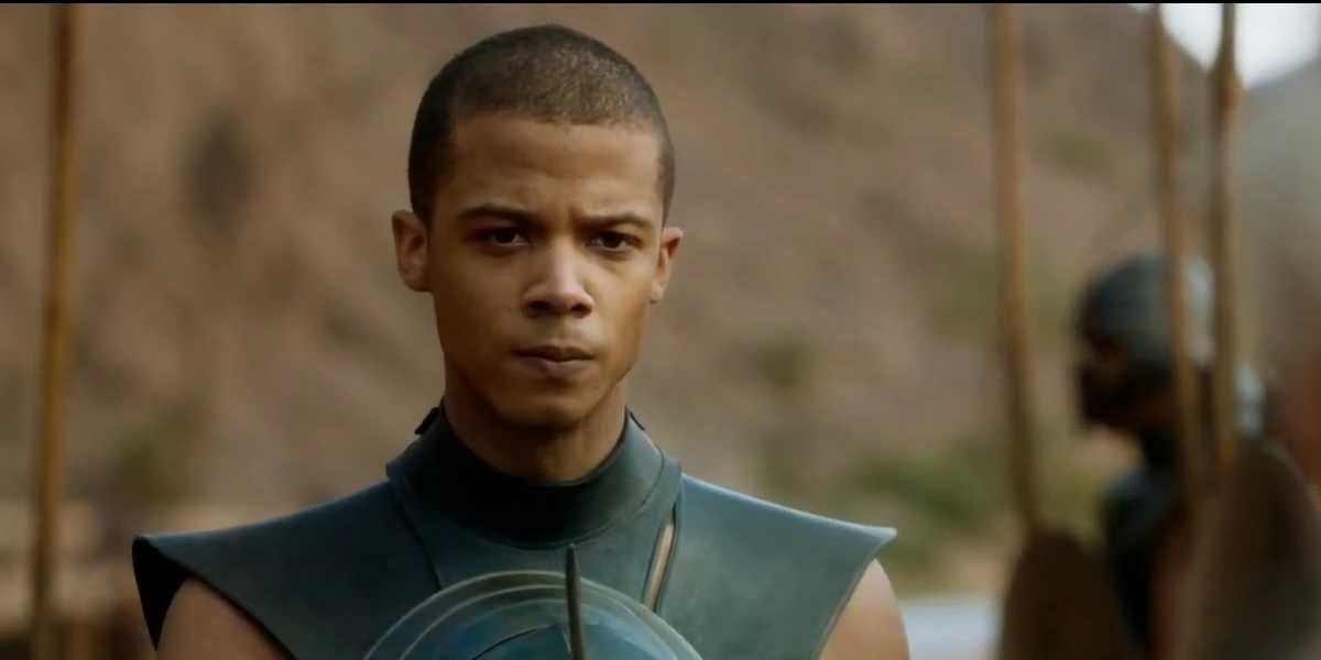 Grey Worm with a stoic expression on his face in Game of Thrones.
