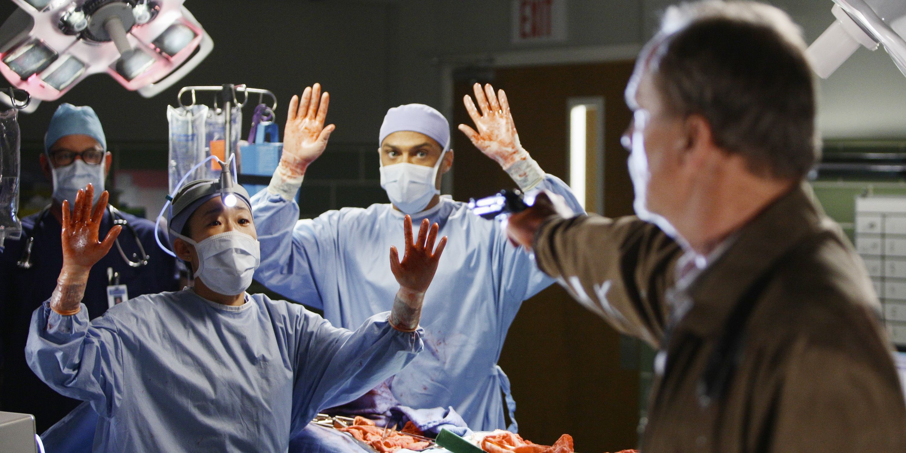 Cristina and Jackson during shooting incident with Clark wielding gun in Greys