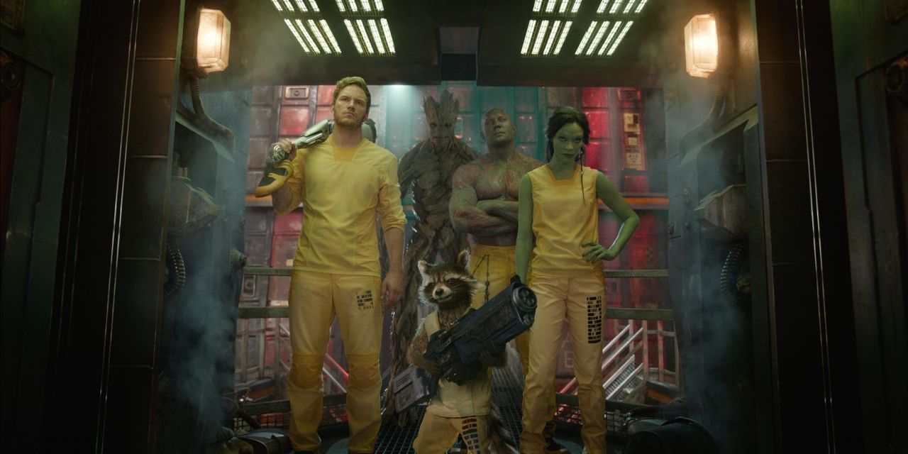An image of the Guardians of the Galaxy in an elevator during the prison break.