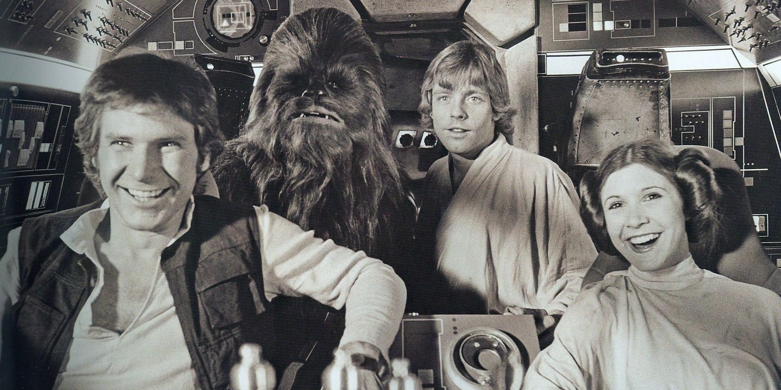 Harrison Ford, Peter Mayhew, Mark Hamill, and Carrie Fisher as Han, Chewie, Luke, and Leia in Star Wars A New Hope