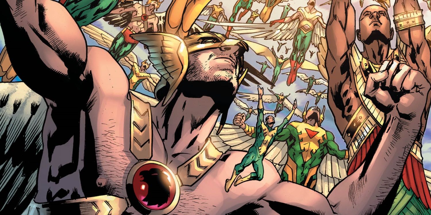 Hawkman surrounded by the Hawkman army, all flying upward