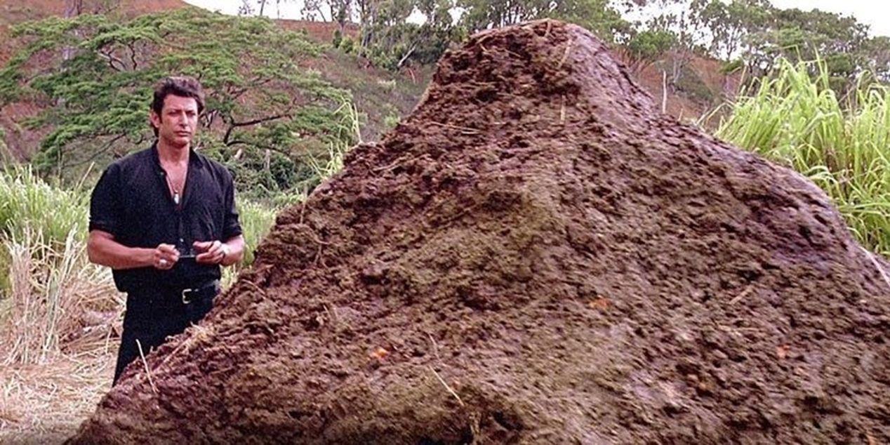 Ian Malcolm stands by a pile of dinosaur droppings bigger than him in Jurassic Park