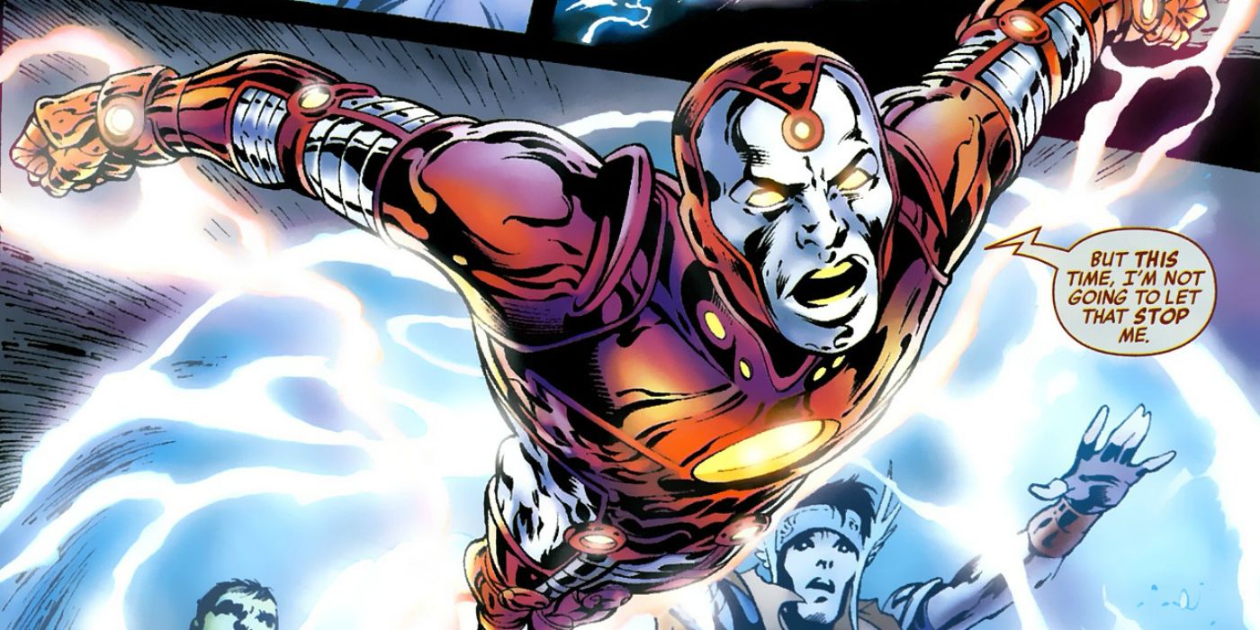 Iron Lad flies into battle in Marvel Comics.