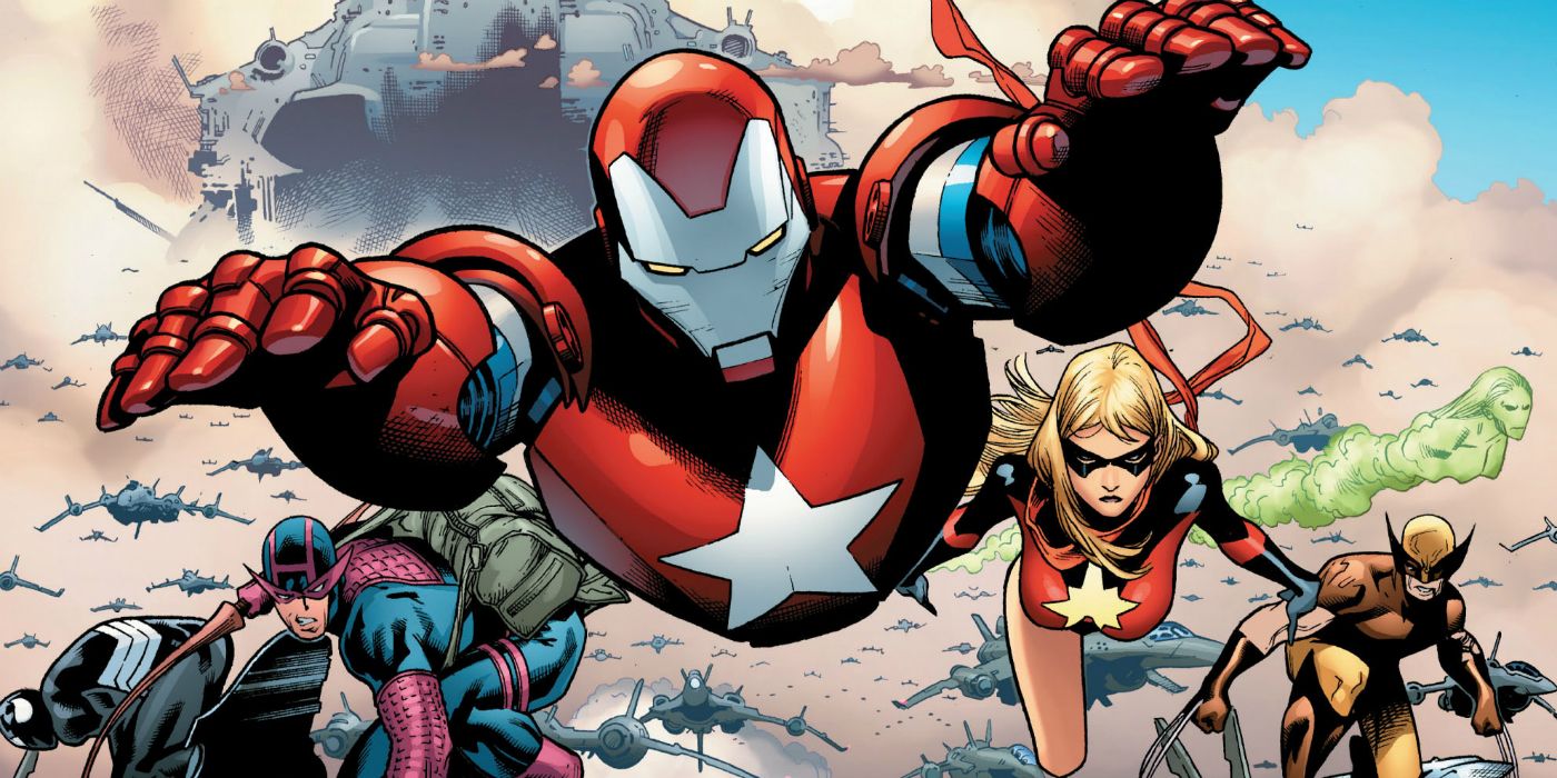 Iron Patriot flies alongside the Dar Avengers in the comics