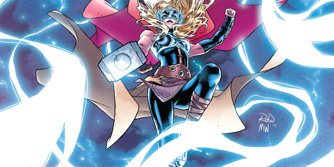Jane Foster flying while holding a hammer and wearing a mask