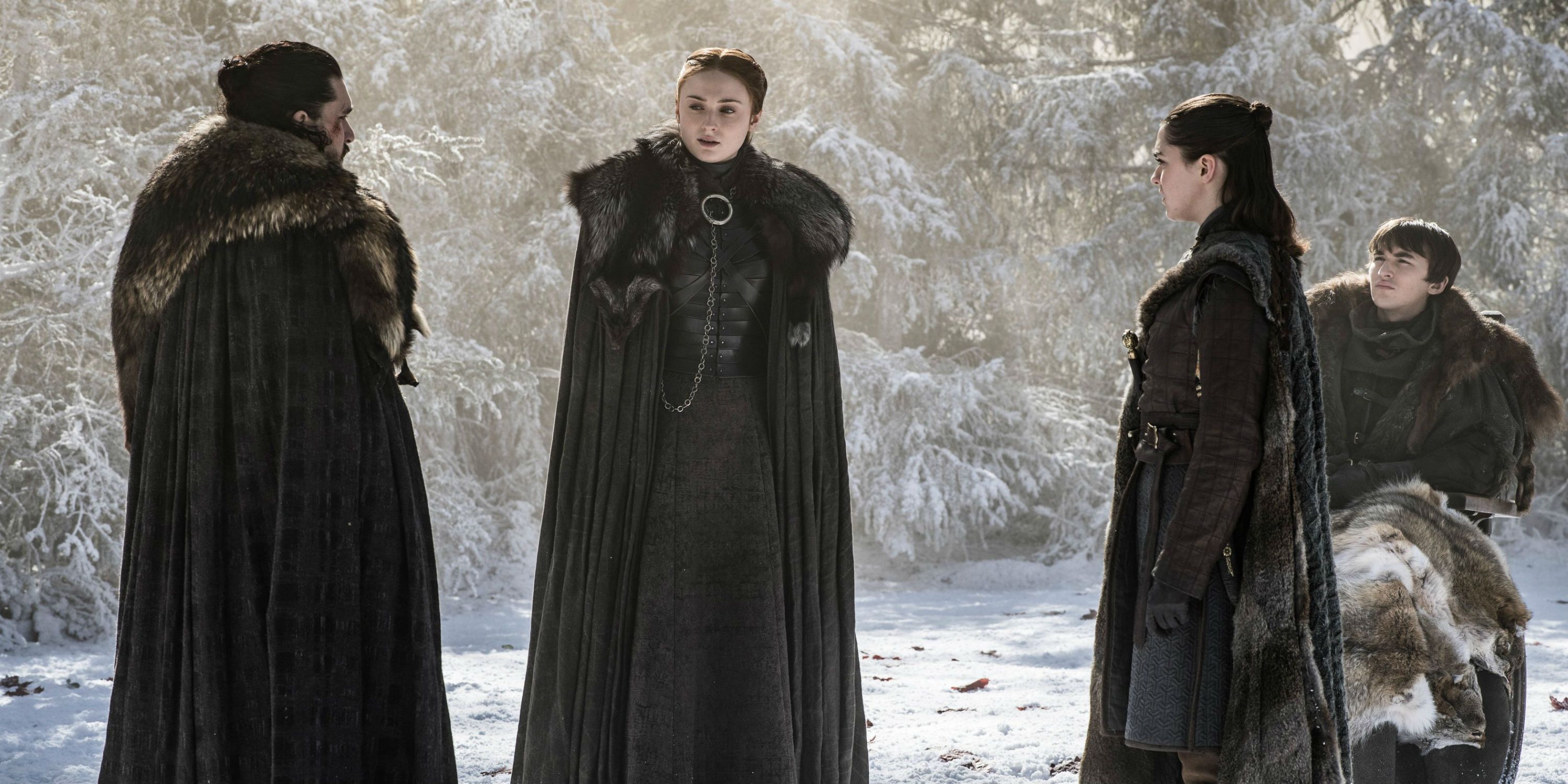 Jon Sansa Arya Bran in godswood on Game of Thrones season 8