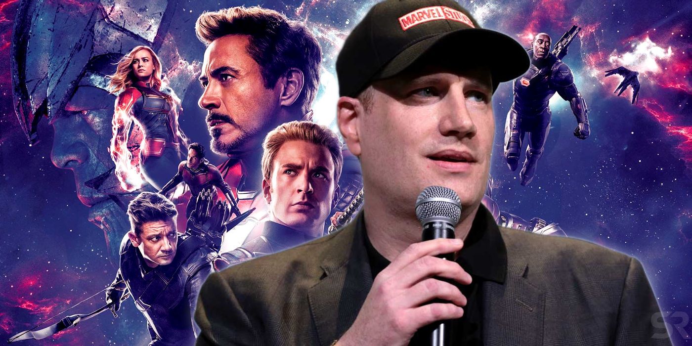 Imagem mesclada de Kevin Feige e cartaz de Avengers Endgame