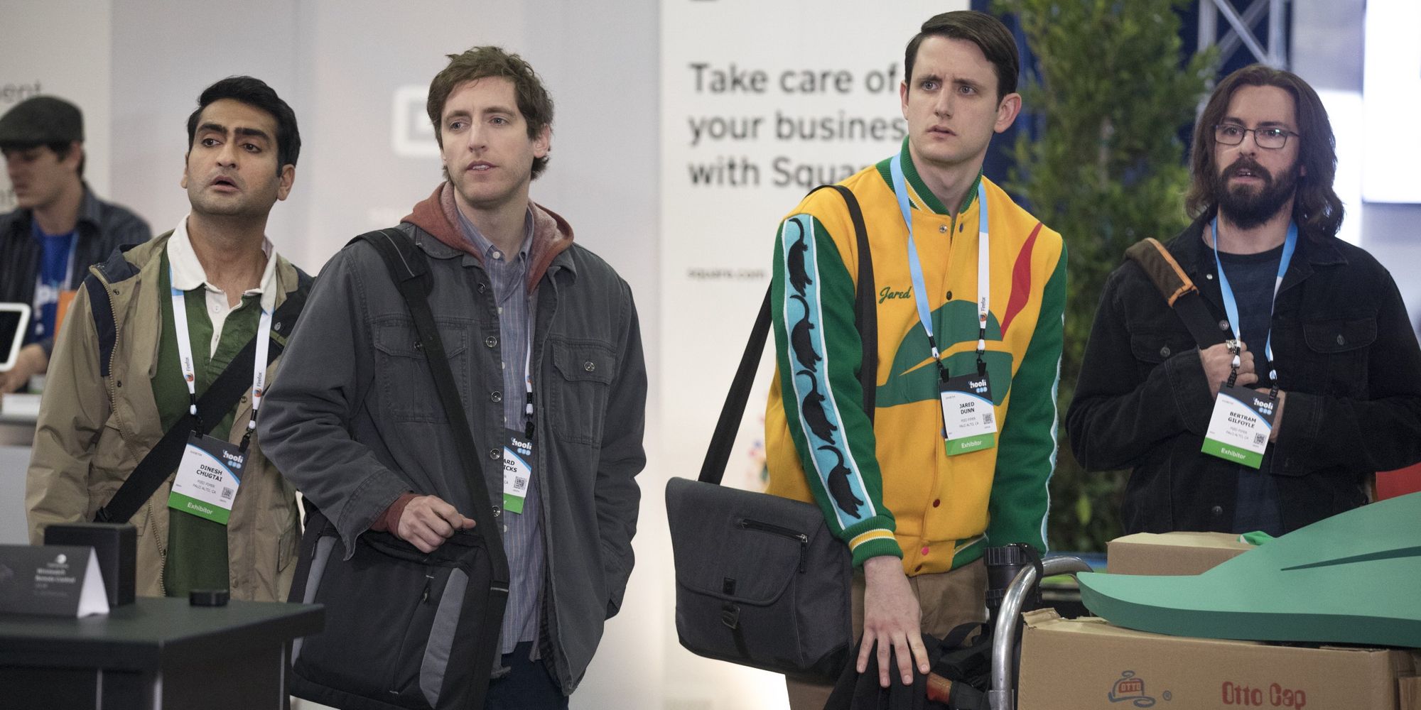 Kumail Nanjiani Thomas Middleditch Zach Woods and Martin Starr in Silicon Valley HBO