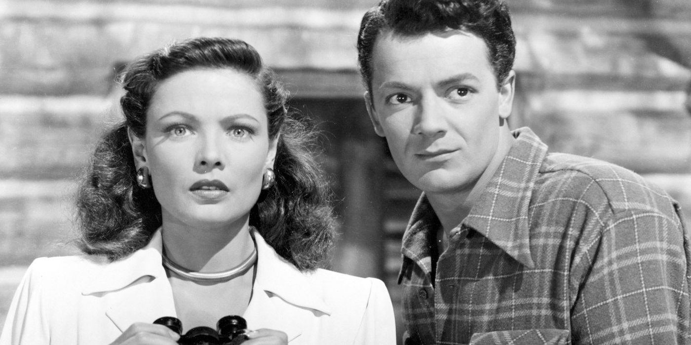 Ellen (Gene Tierney) and Richard (Cornel Wilde) standing next to each other in Leave Her to Heaven.