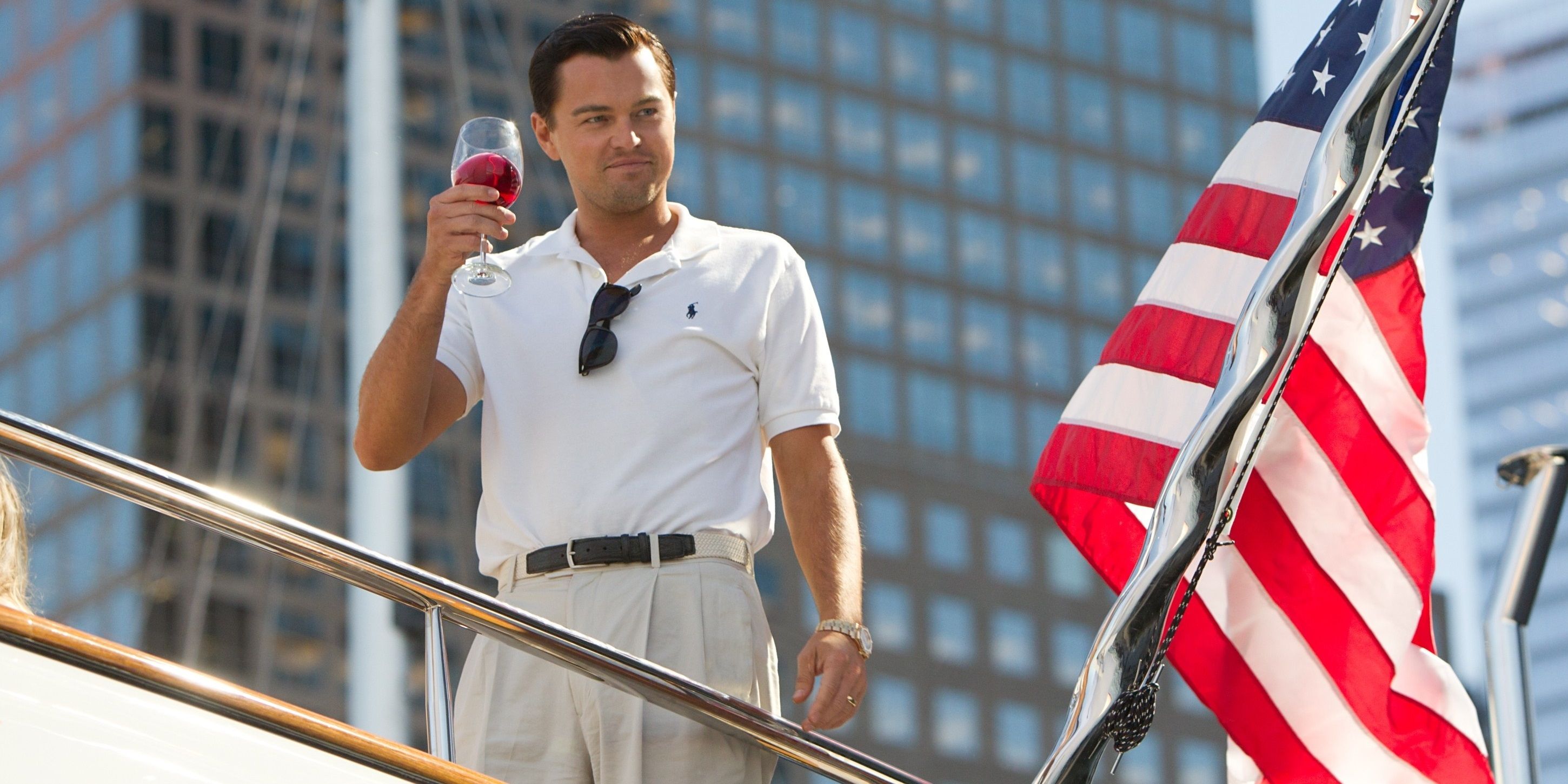 Leonardo DiCaprio as Jordan Belfort on his yacht in The Wolf of Wall Street