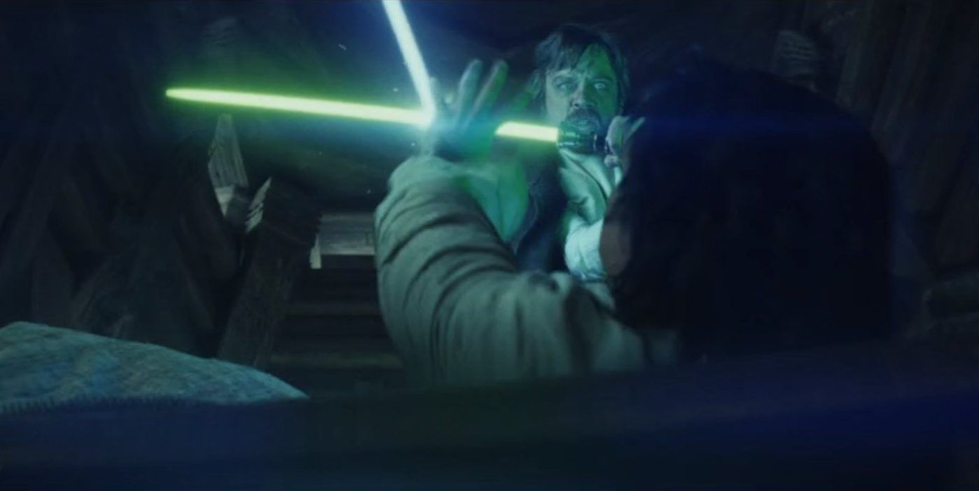 Luke Skywalker attacks Ben Solo from Star Wars Episode VIII The Last Jedi