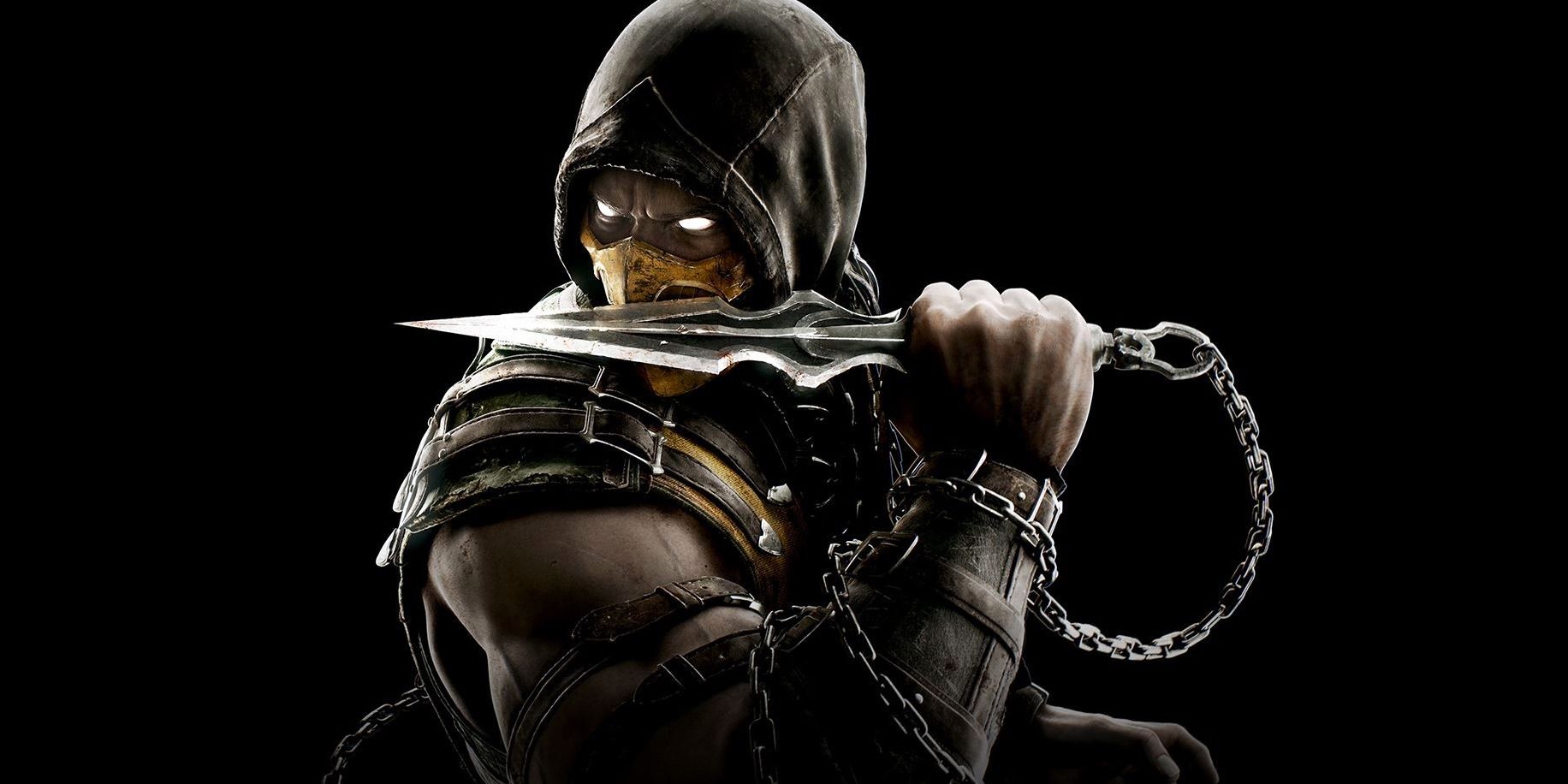 Scorpion from Mortal Kombat with his blade in front of his face