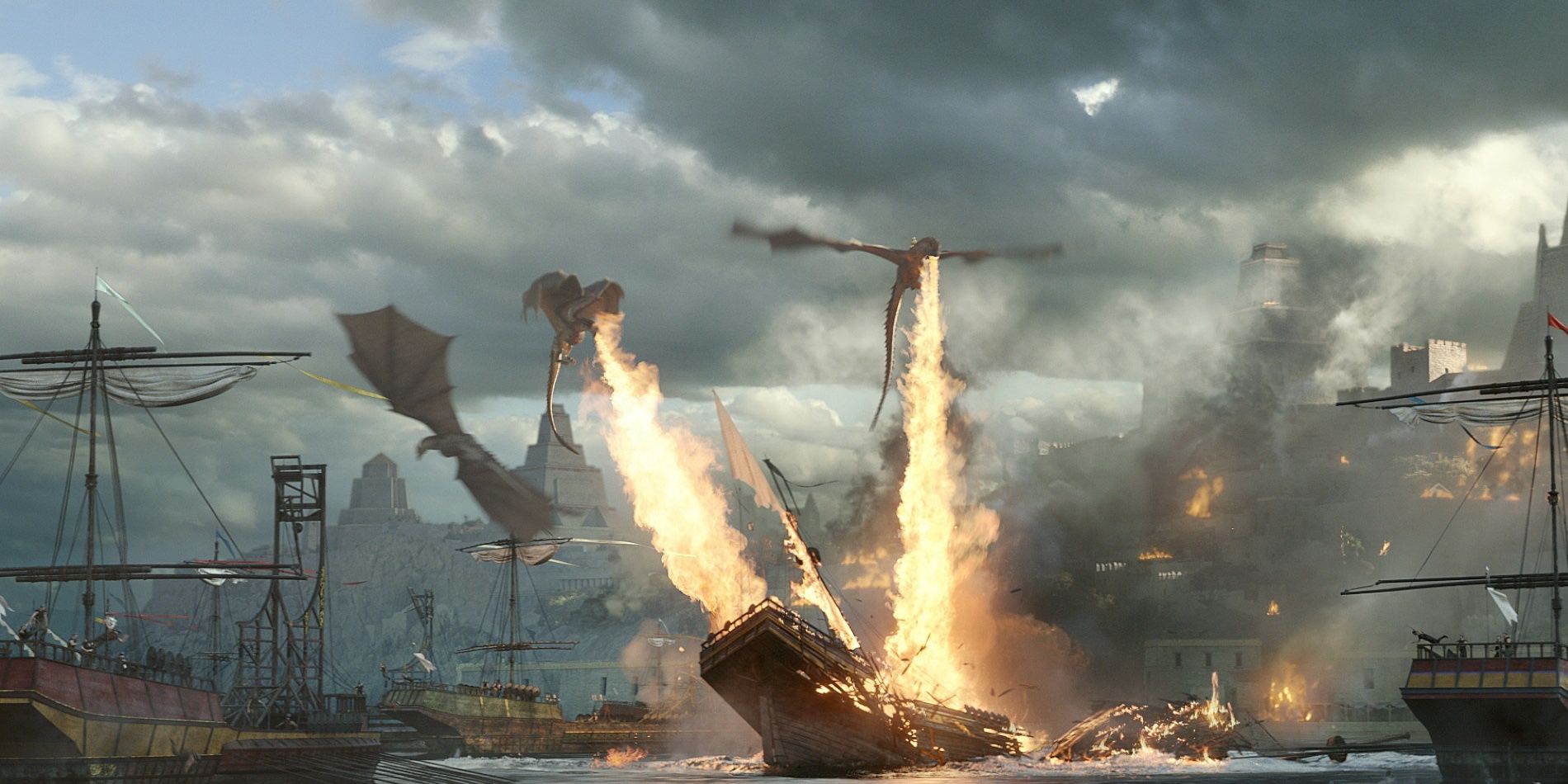 Dragons burning the fleet in Meereen in Game of Thrones 