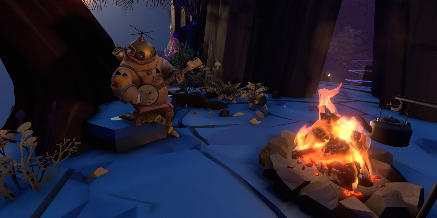 A character playing a banjo in front of a campfire in Outer Wilds