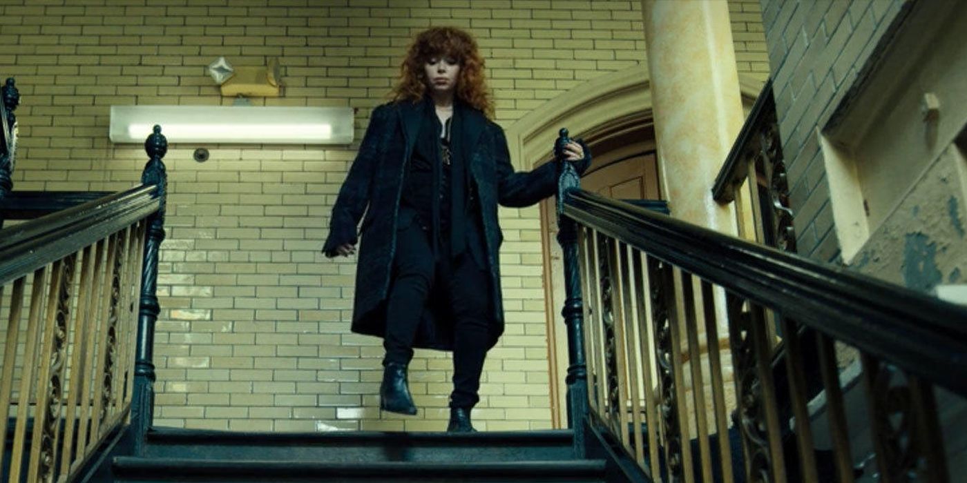 Nadia going down the stairs in Russian Doll.