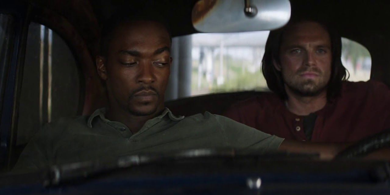Sam looking back at Bucky in the back seat of the car in Captain America Civil War