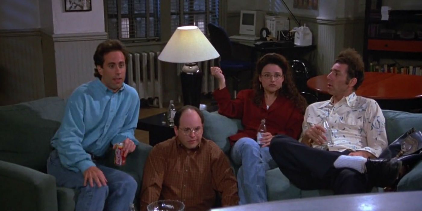 Jerry, George, Elaine, adn Kramer watching tv in Seinfeld