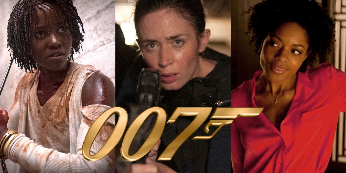 Split image of Lupita Nyong'o, Emily Blunt, and Naomie Harris with the 007 logo on top