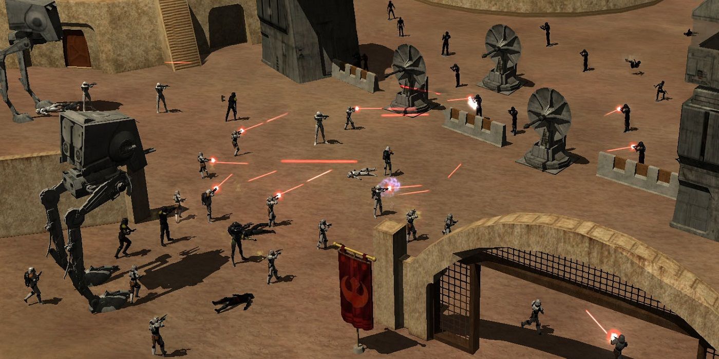 Uma batalha em Star Wars Galaxies, com tropas disparando blasters e pilotando AT-STs.
