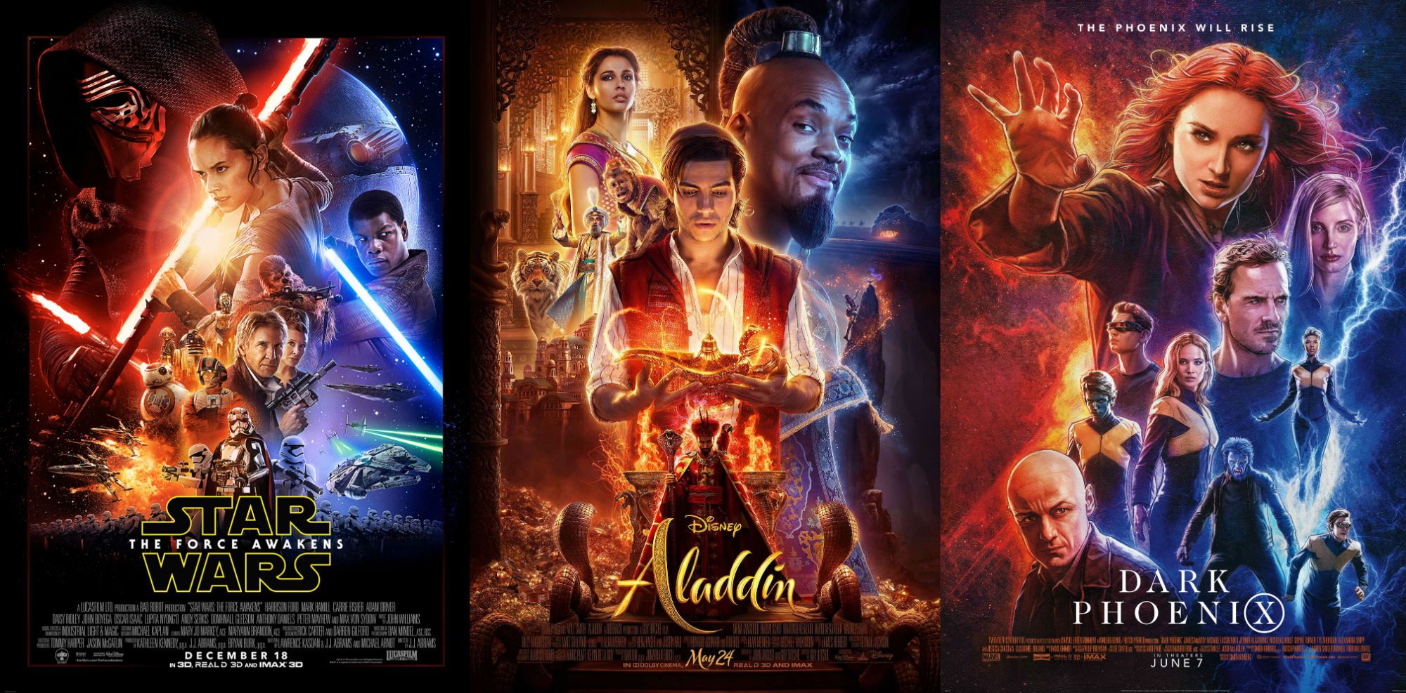 Star Wars The Force Awakens Aladdin Dark Phoenix movie posters are very similar