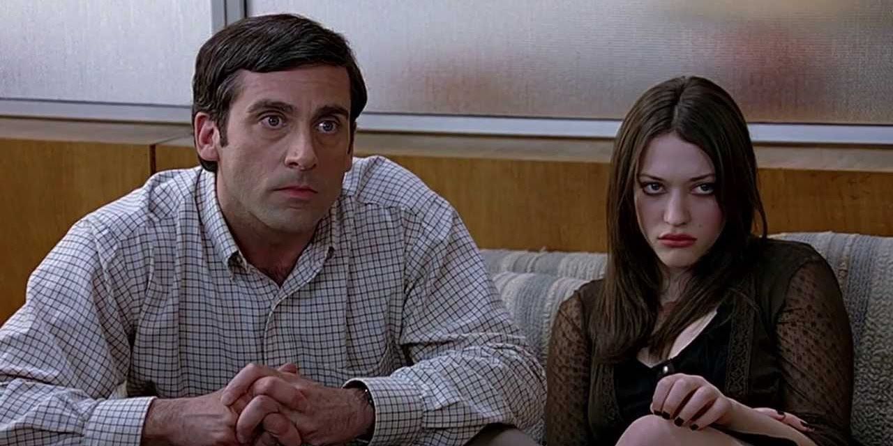 Steve Carell and Kat Dennings sitting down in The 40-Year-Old Virgin