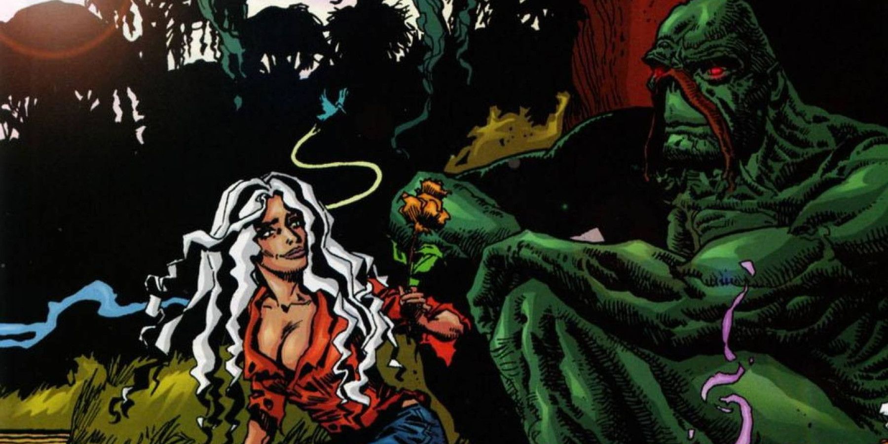 Abby and the Swamp Thing sit together in the bog