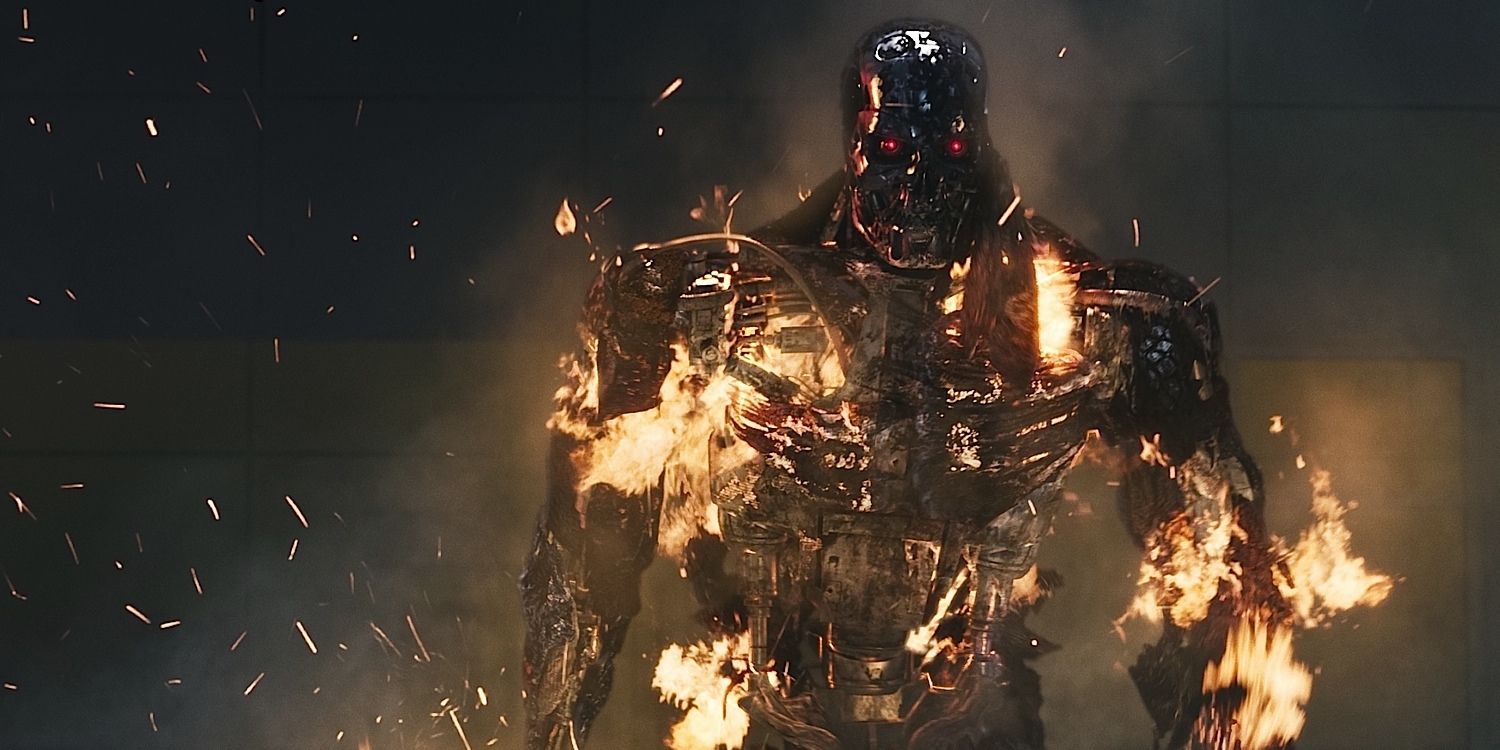 A burning T-800 in Terminator Salvation