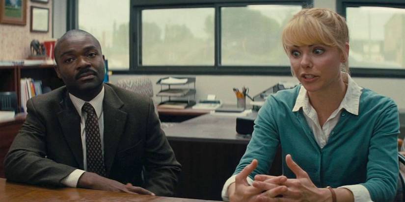 David Oyelowo and Collette Wolfe as teachers in the school office in Interstellar