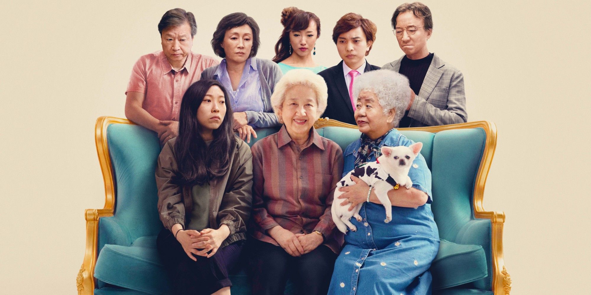A promo image featuring the cast of The Farewell sitting on a couch
