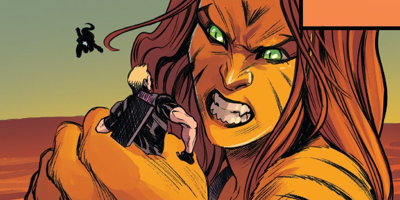 Tigra holds Hawkeye in a giant fist in Marvel Comics